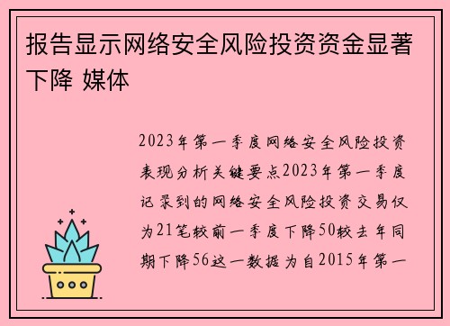 报告显示网络安全风险投资资金显著下降 媒体